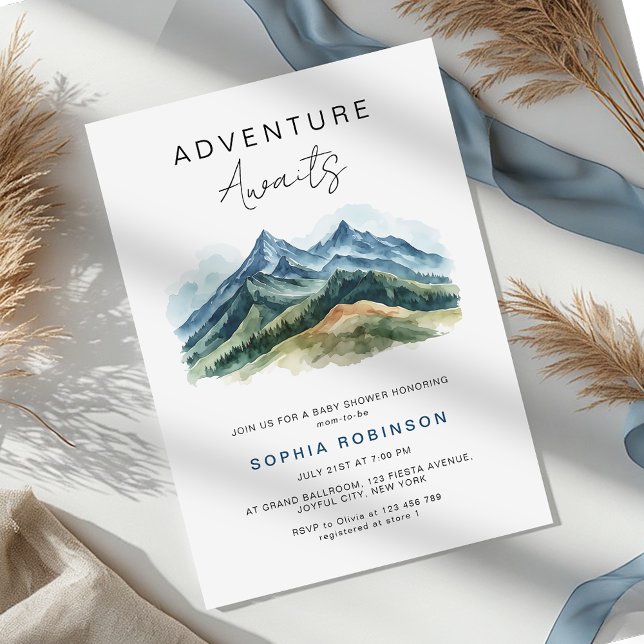 Invitation Adventure Awaits Mountains Forest Baby Shower (Créateur téléchargé)