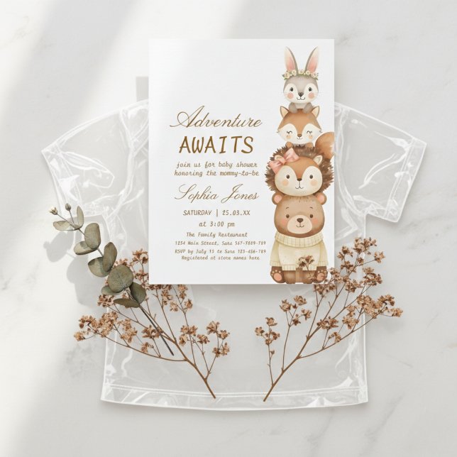 Invitation Adventure Awaits Woodland Cute Animals Baby Shower (Créateur téléchargé)