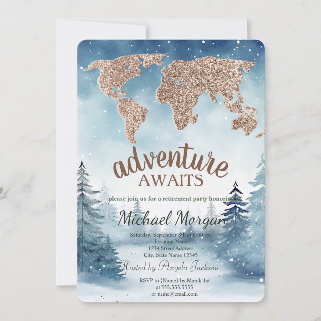 Invitation Adventure Awaits World Map Blue Forest Retirement (Devant)