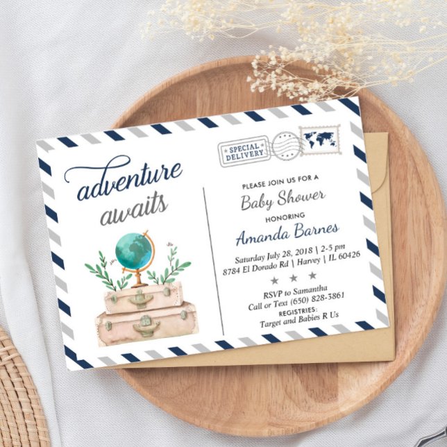 Invitation Adventure Awaits World Travel Baby Boy Shower Navy (Créateur téléchargé)