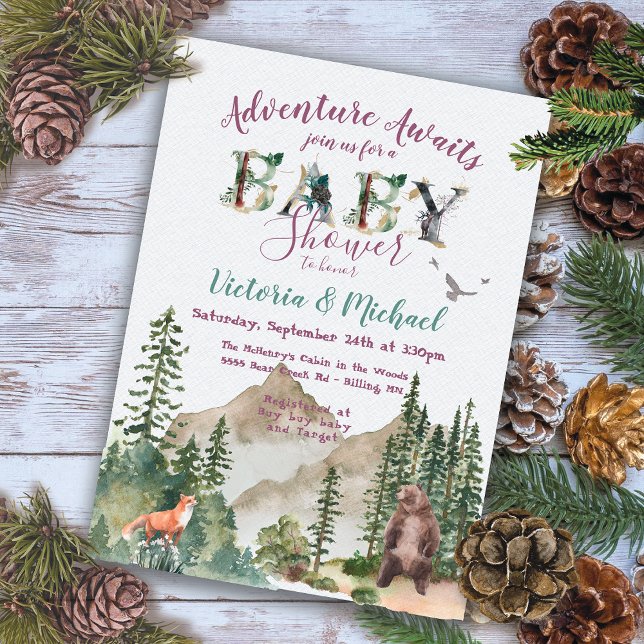 Invitation Adventure Baby shower forestier de montagne Woodla (Créateur téléchargé)