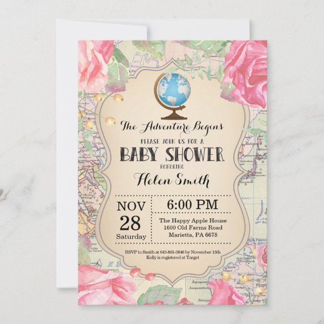 Invitation Adventure Baby shower Pink Floral Map Travel World (Devant)