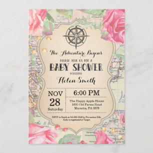 Invitation Adventure Baby shower Pink Floral Map Travel World