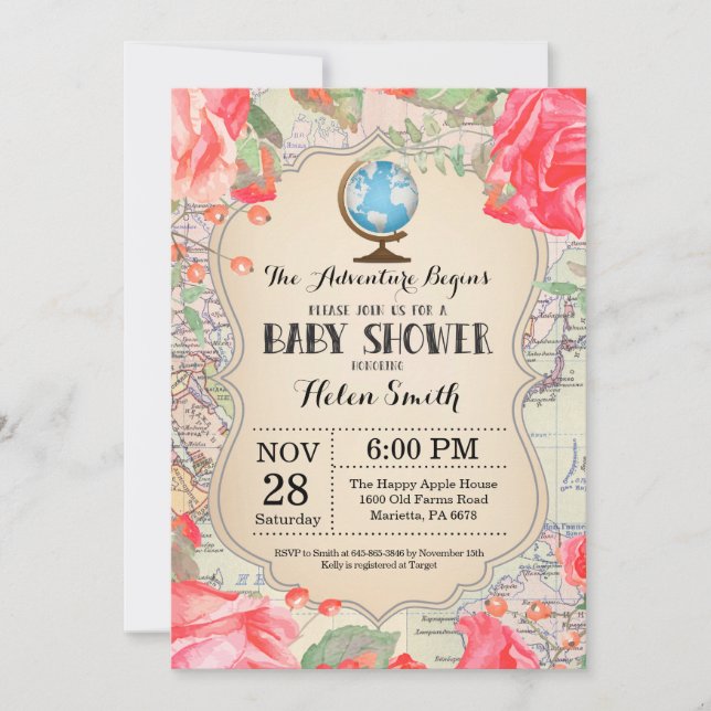 Invitation Adventure Baby shower Red Floral Map Travel World (Devant)