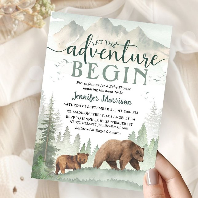 Invitation Adventure Begin Baby Shower Bear Woodland Forest (Créateur téléchargé)