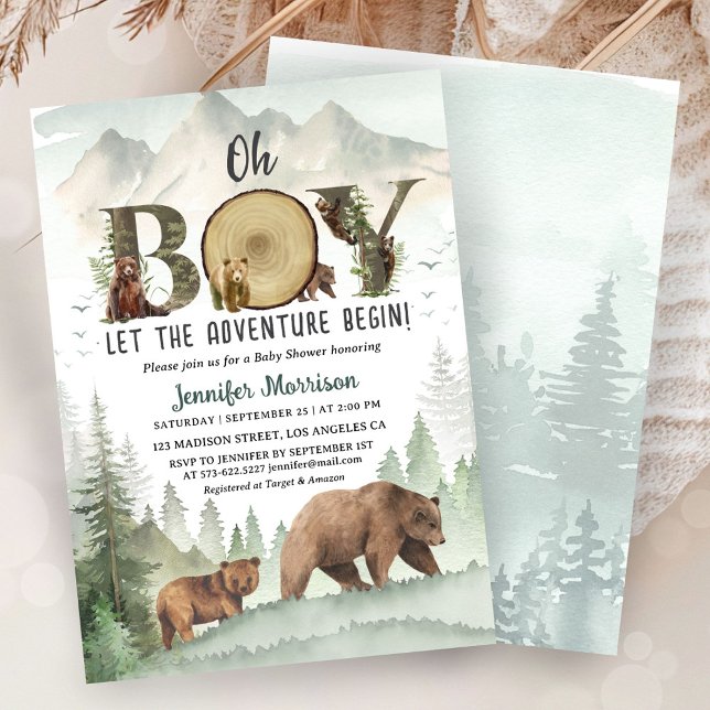 Invitation Adventure Begin Bear Boy Baby Shower Woodland  (Créateur téléchargé)