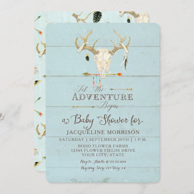 Invitation Adventure Boy Baby shower Teepee Wood Flèches Cerf (Devant / Derrière)