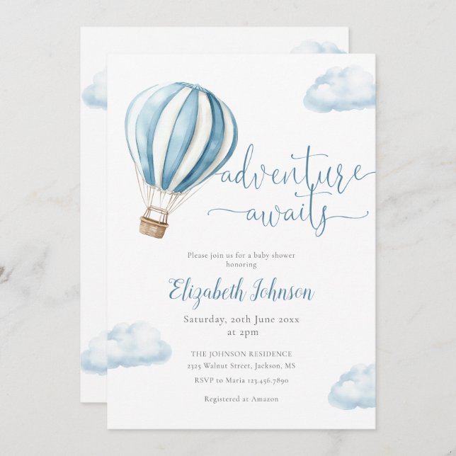 Invitation Adventure Boy Blue Hot Air Balloon Baby shower (Devant / Derrière)