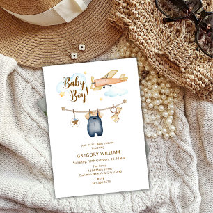 Invitation Adventure Boy Clothesline Avion Sky Baby shower