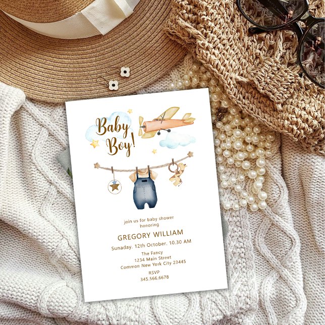 Invitation Adventure Boy Clothesline Avion Sky Baby shower (Adventure Boy Clothesline Airplane Sky Baby Shower Invitation)