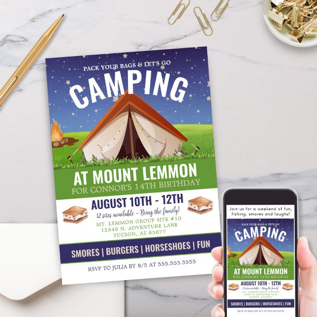 Invitation Adventure Camping Smores Camp Out Anniversaire (Camping Adventure Weekend Getaway Camp Out Invitation with Smores Starry Sky and Campfire)
