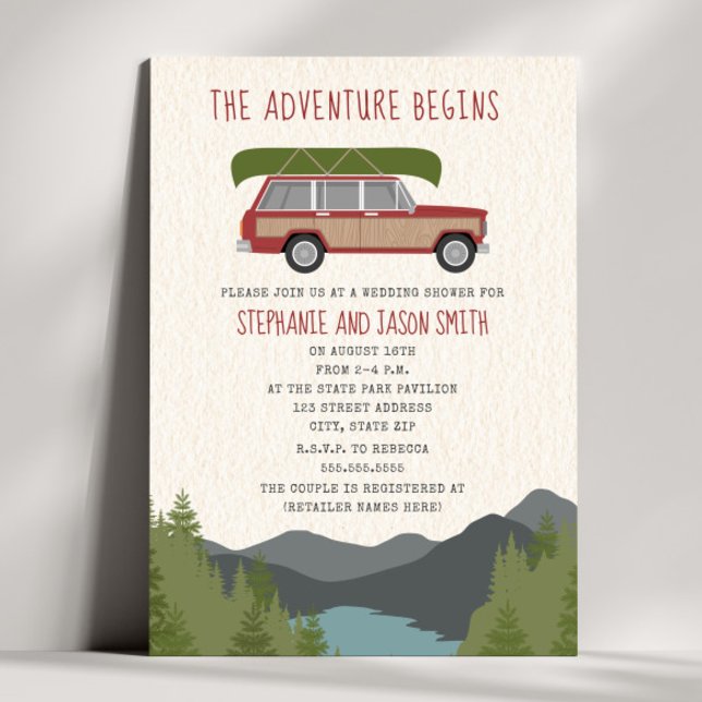 Invitation Adventure Canoe Wood Wagon Mountain Wedding shower (Créateur téléchargé)