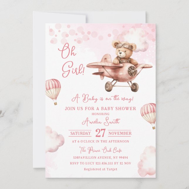 Invitation Adventure Hot Air Balloon Cute Bear Baby Shower (Devant)