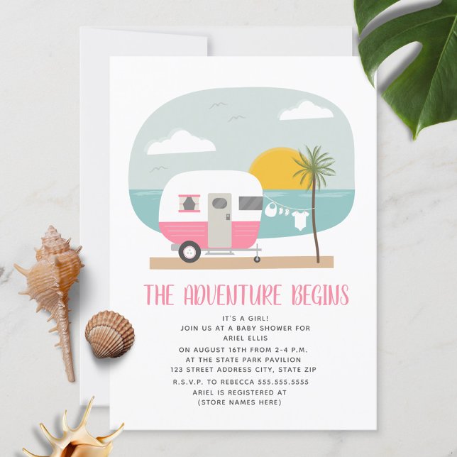 Invitation Adventure Pink Camper Beach Baby shower fille (Créateur téléchargé)