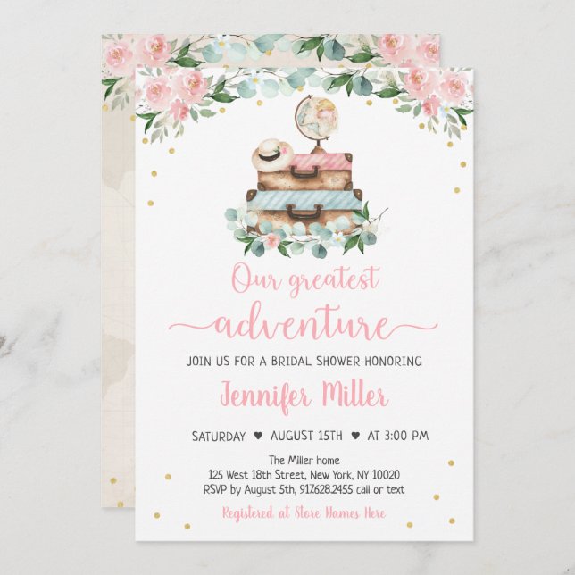 Invitation Adventure Pink Gold Floral Fête des mariées de voy (Devant / Derrière)