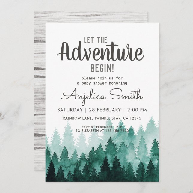 Invitation Adventure Watercolor Baby shower rustique en bois (Devant / Derrière)