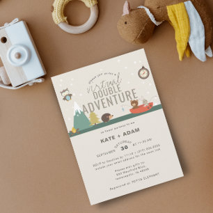 Invitation Adventure Woodland Twin Neutra Baby shower virtuel