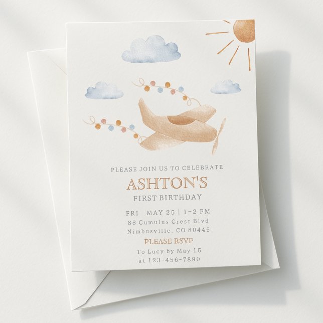 Invitation Aéronefs en aquarelle 1er appel d'anniversaire (Créateur téléchargé)
