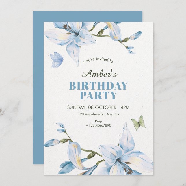 Invitation Aesthetic blue flower bloom birthday (Devant / Derrière)