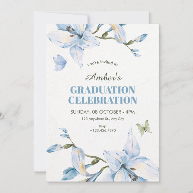 Invitation Aesthetic blue flower bloom graduation (Devant)