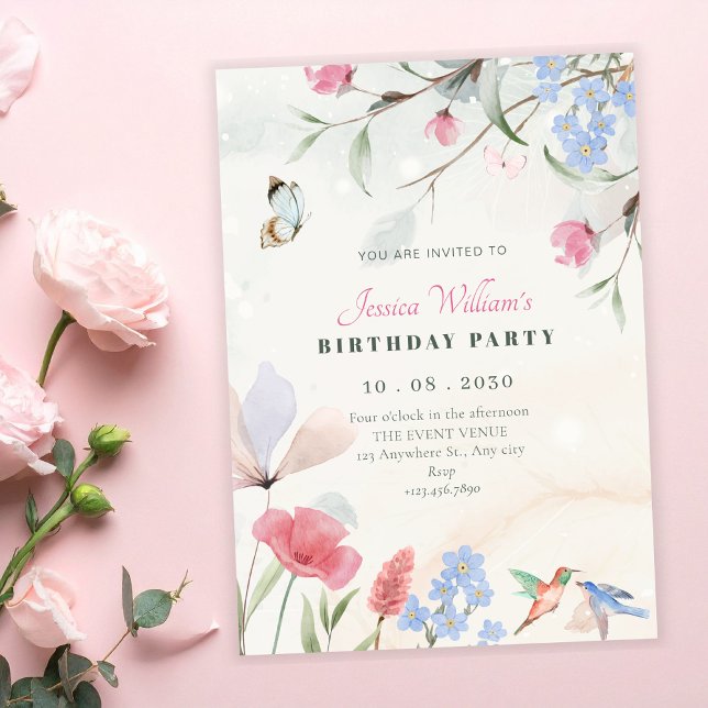 Invitation Aesthetic garden floral, bird, butterfly birthday (Créateur téléchargé)