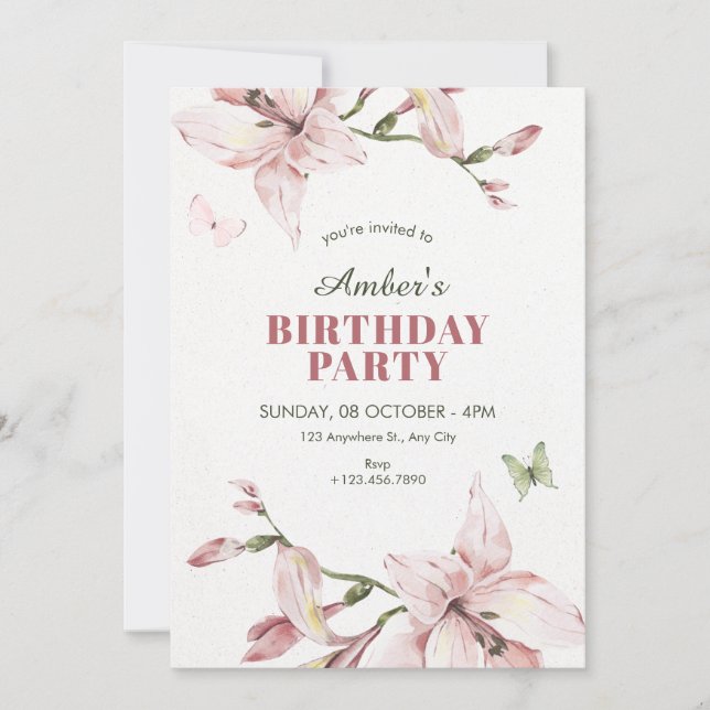 Invitation Aesthetic pink flower bloom birthday (Devant)