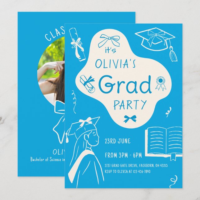 Invitation Aesthetic Whimsical Hand Drawn Graduation Party  (Devant / Derrière)