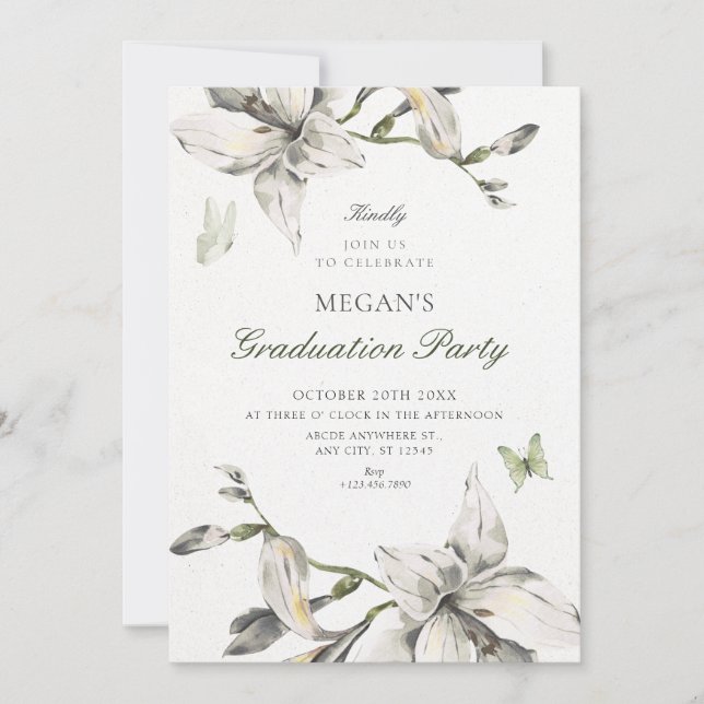 Invitation Aesthetic white grey flower bloom graduation (Devant)