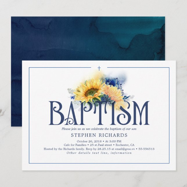 Invitation Affaire Baptism Yellow Sunflowers (Devant / Derrière)