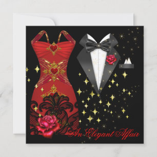 Invitation Affaire Élégante Robe Rouge Nœud Papillon Noir Ros
