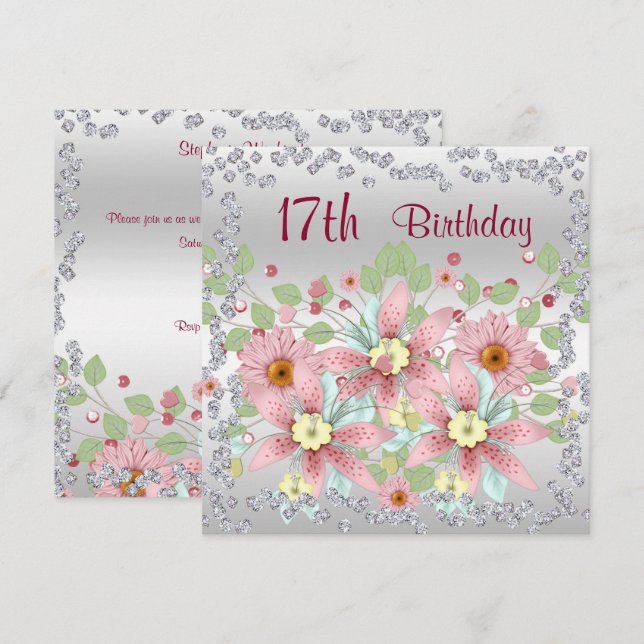 Invitation Affichage floral pour 17e anniversaire & diamants (Devant / Derrière)