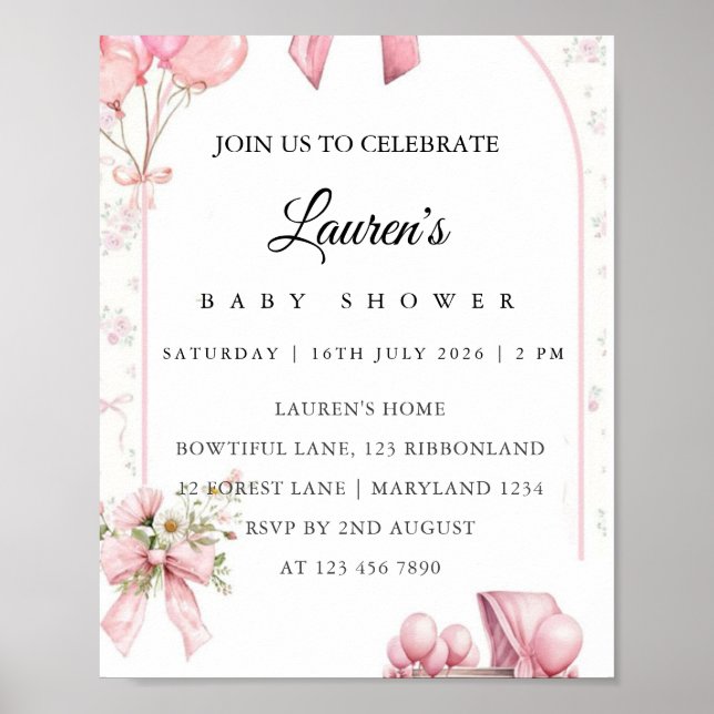 Invitation Affiche de Baby Shower Fleur Rose  (Devant)