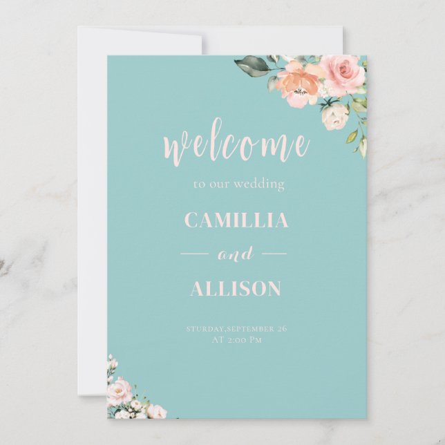 Invitation Affiche de bienvenue Mariage rose floral vert (Devant)