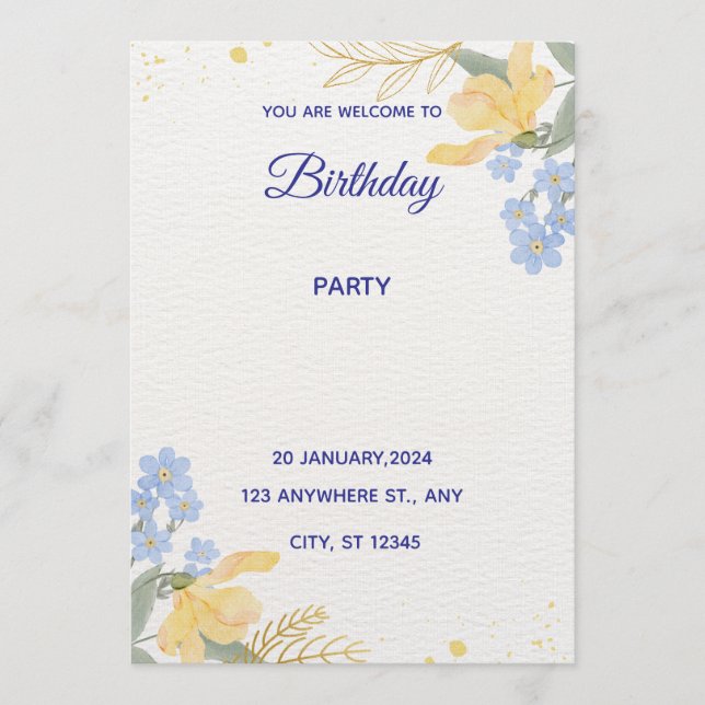 Invitation Affiche de fête d'anniversaire couleur eau bleue (Devant)