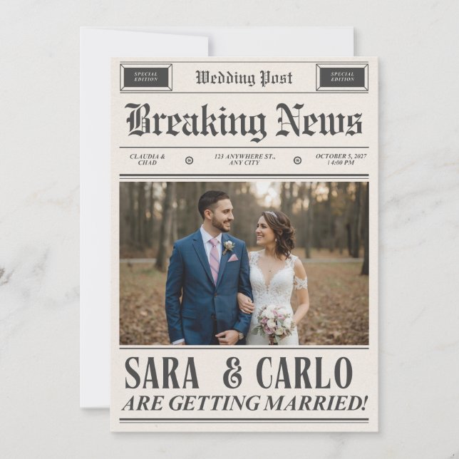 Invitation Affiche de journal de mariage personnalisée | Nouv (Devant)