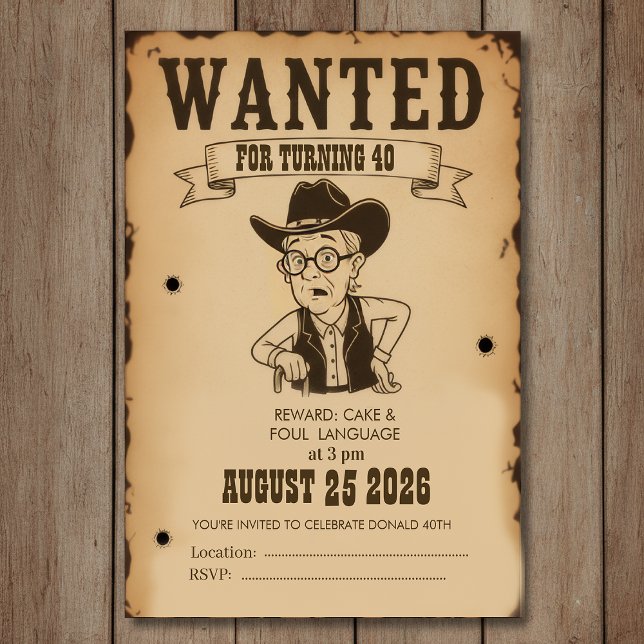 Invitation Affiche de recherche drôle du Far West 40e anniver (Créateur téléchargé)