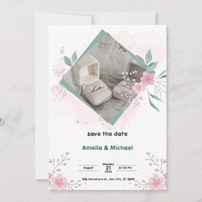 Invitation Affiche de sauvegarde de date simple verte et rose (Devant)