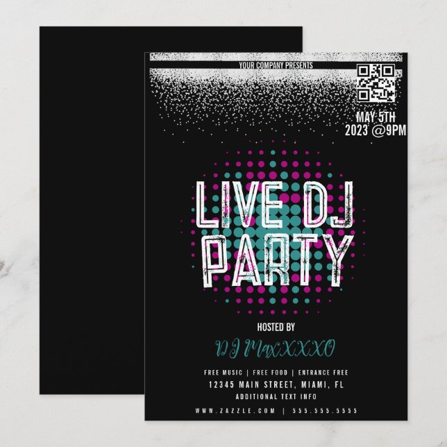 Invitation Affiche de soirée avec DJ en live pour événement d (Devant / Derrière)