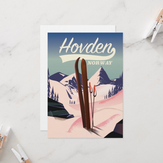 Invitation Affiche de voyage à ski Hovden Norvège. (Devant/Arrière en situation)