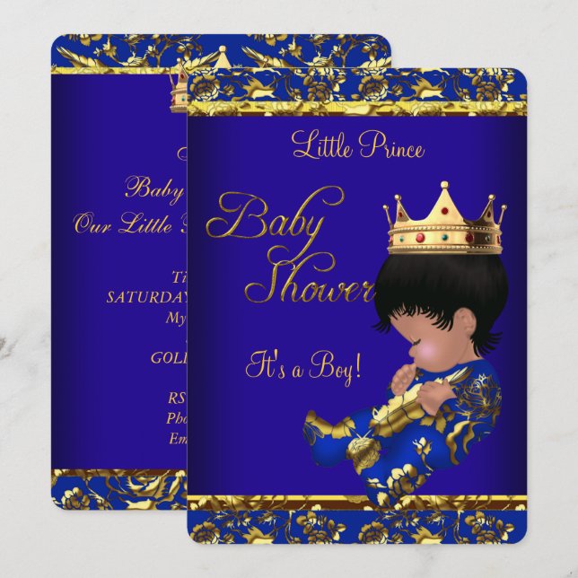 Invitation Africain-Américain Baby shower Blue Gold Boy (Devant / Derrière)