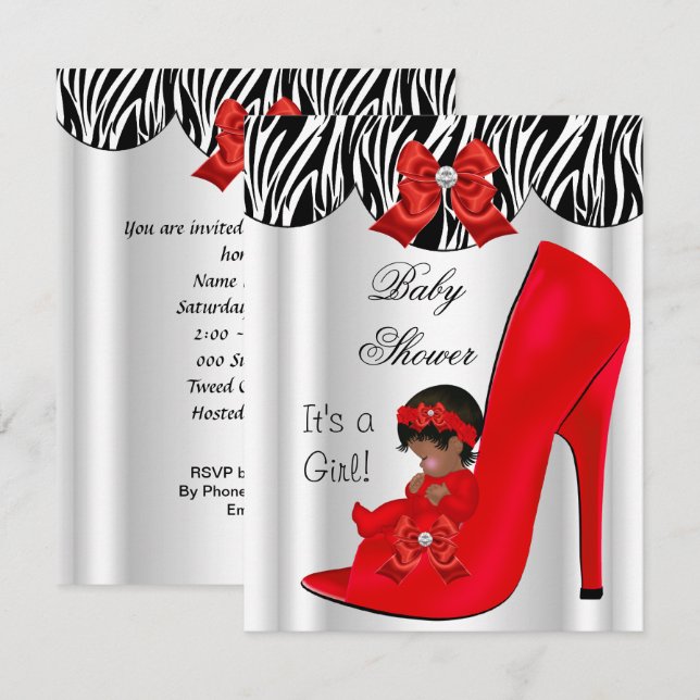Invitation Africain Américain Baby shower fille Rouge Baby Ch (Devant / Derrière)