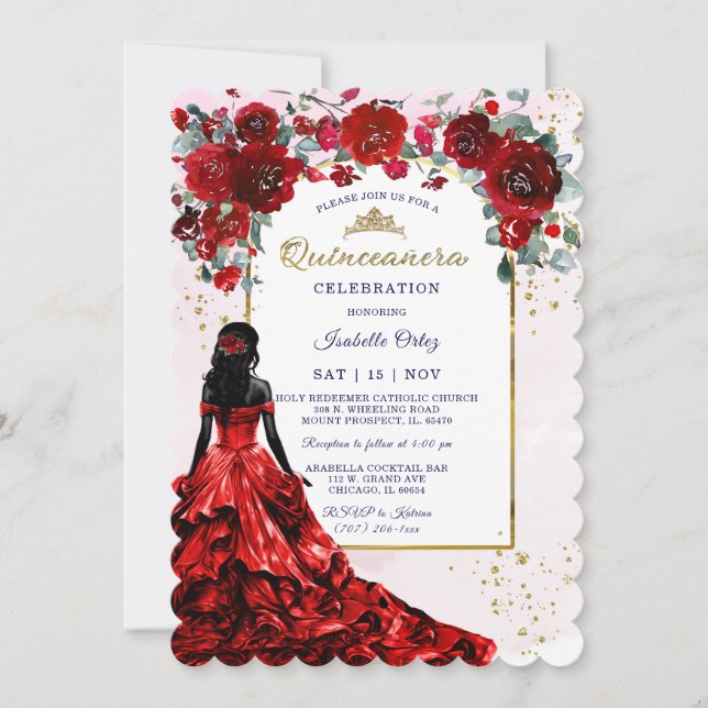 Invitation Africain-Américain Quinceañera Rouge et or (Devant)