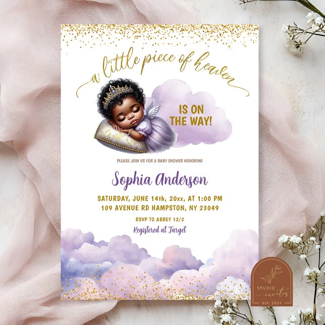 Invitation Africaine Afro fille violet petit ange Baby shower (Créateur téléchargé)
