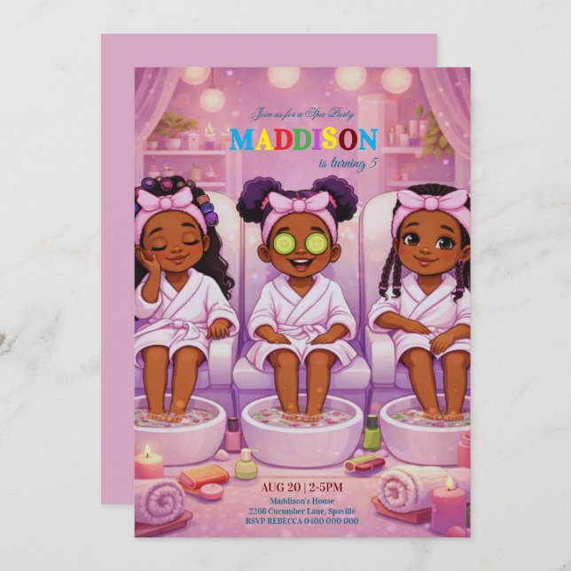 Invitation African American 3 Girls Spa party Birthday  (Devant / Derrière)