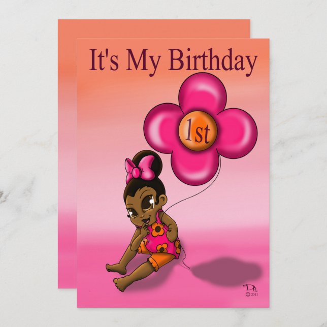 Invitation African American Baby Girl First Birthday Party (Devant / Derrière)