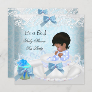 Invitation African American Baby shower Boy Blue Baby Teacup