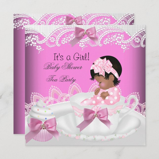 Invitation African American Baby shower Girl Rose Baby Teacup (Devant / Derrière)
