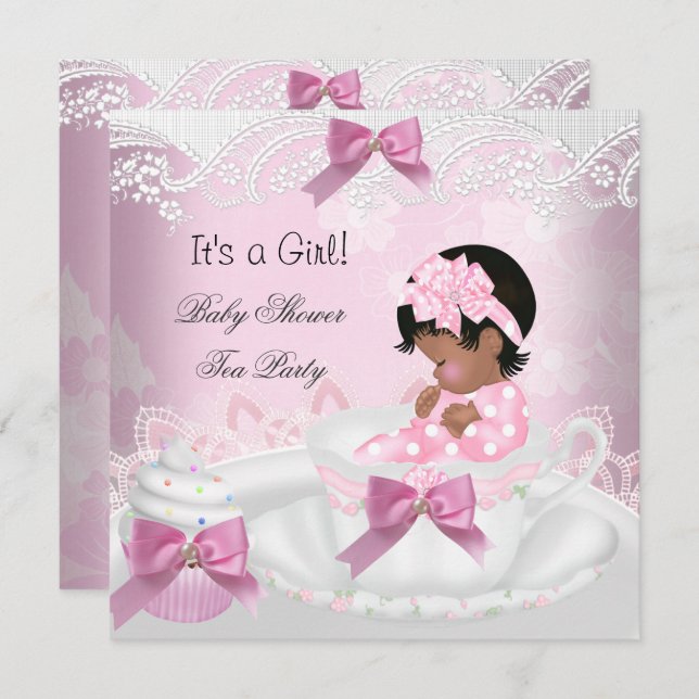Invitation African American Baby shower Girl Rose Baby Teacup (Devant / Derrière)