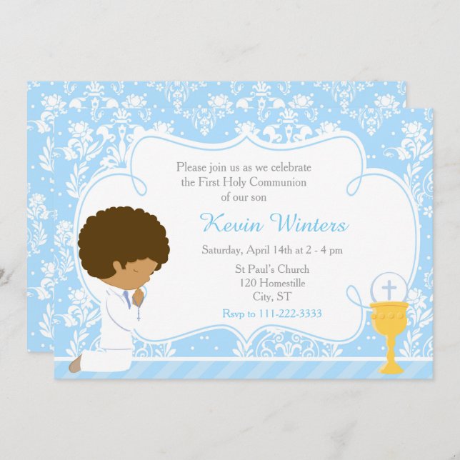 Invitation African American Boy First Communion Damask (Devant / Derrière)
