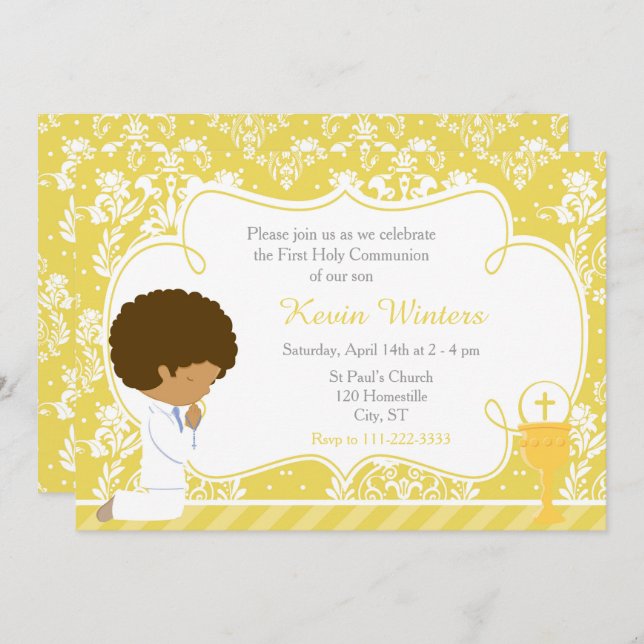 Invitation African American Boy First Communion Damask (Devant / Derrière)
